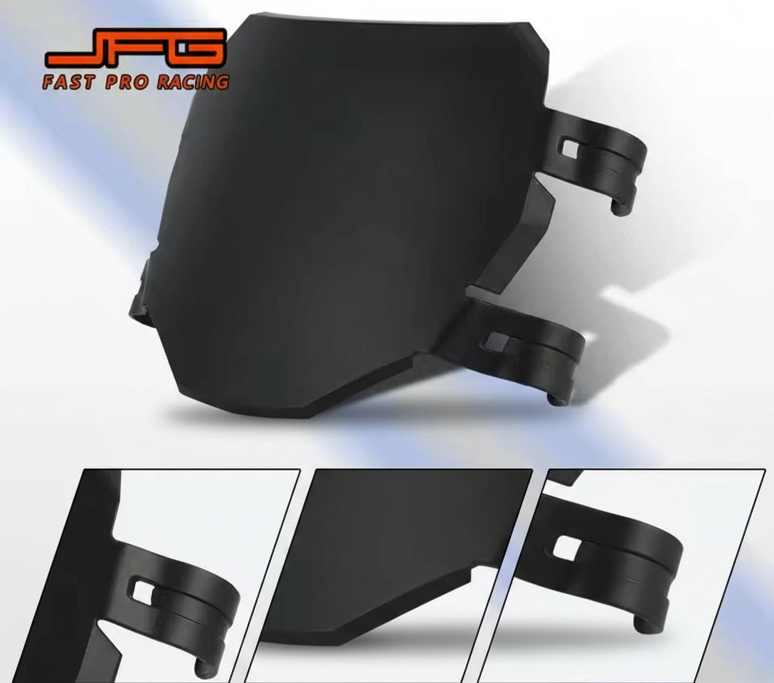 Black motorcycle front fender with JFG Fast Pro Racing branding on a white background