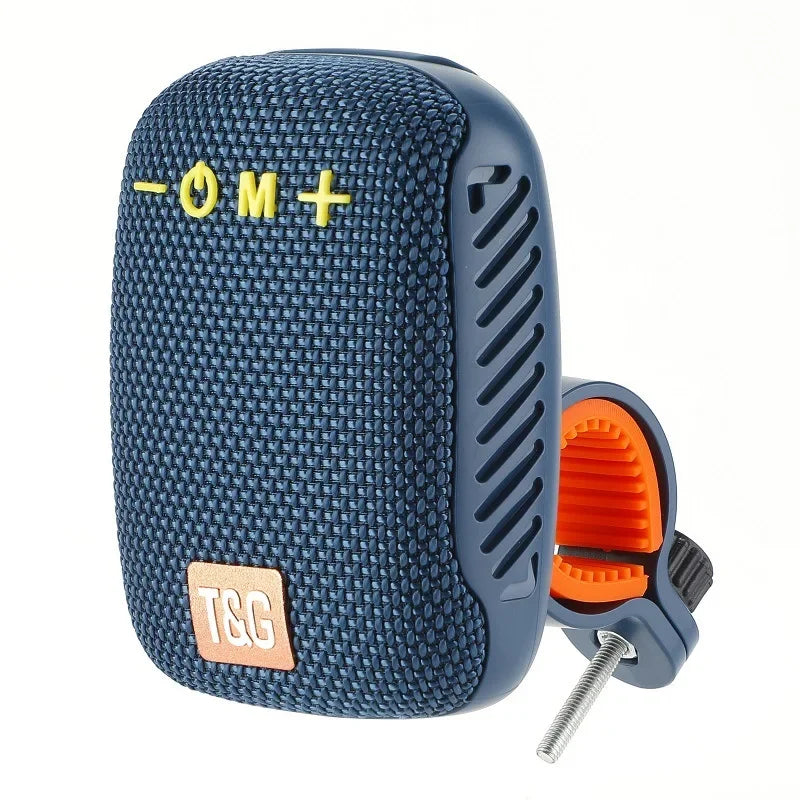 Blue portable speaker with a clip on a white background
