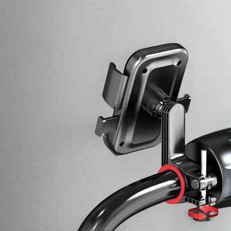 Phone holder on a motorcycle handlebar with text 'Sturdy and Secure' and 'Mechanical snap lock holds firmly'.