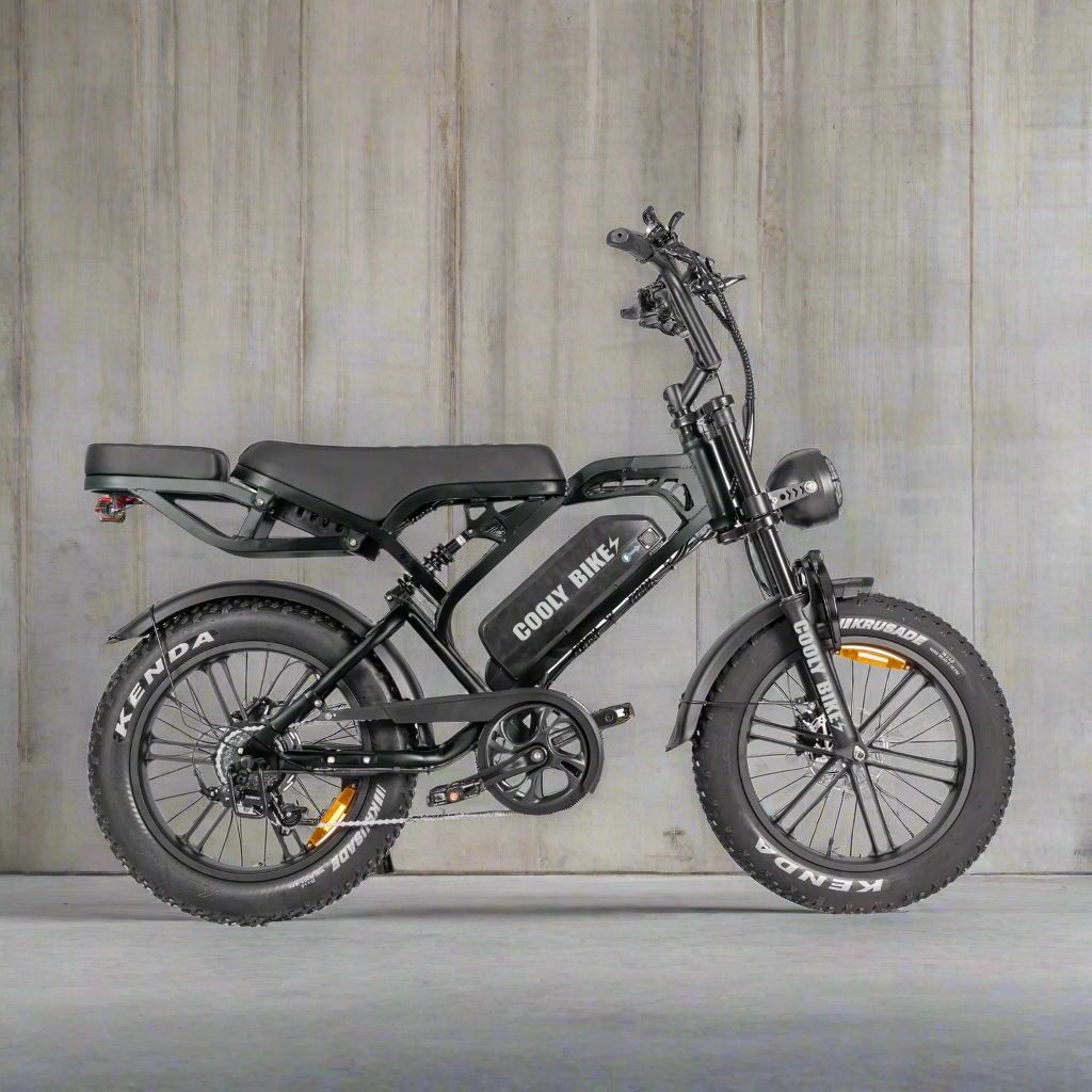 Black electric bike with 'COOL BIKE' branding on a white background