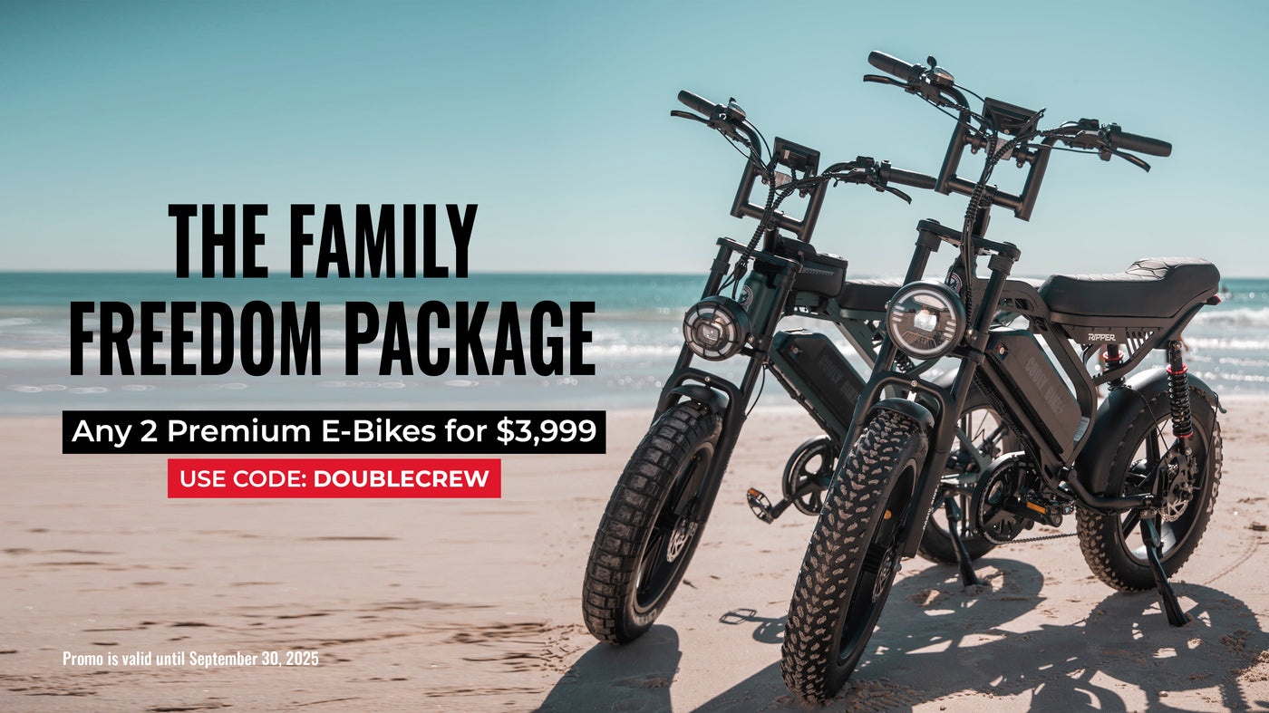 Two electric bikes on a beach with promotional text for a family freedom package.