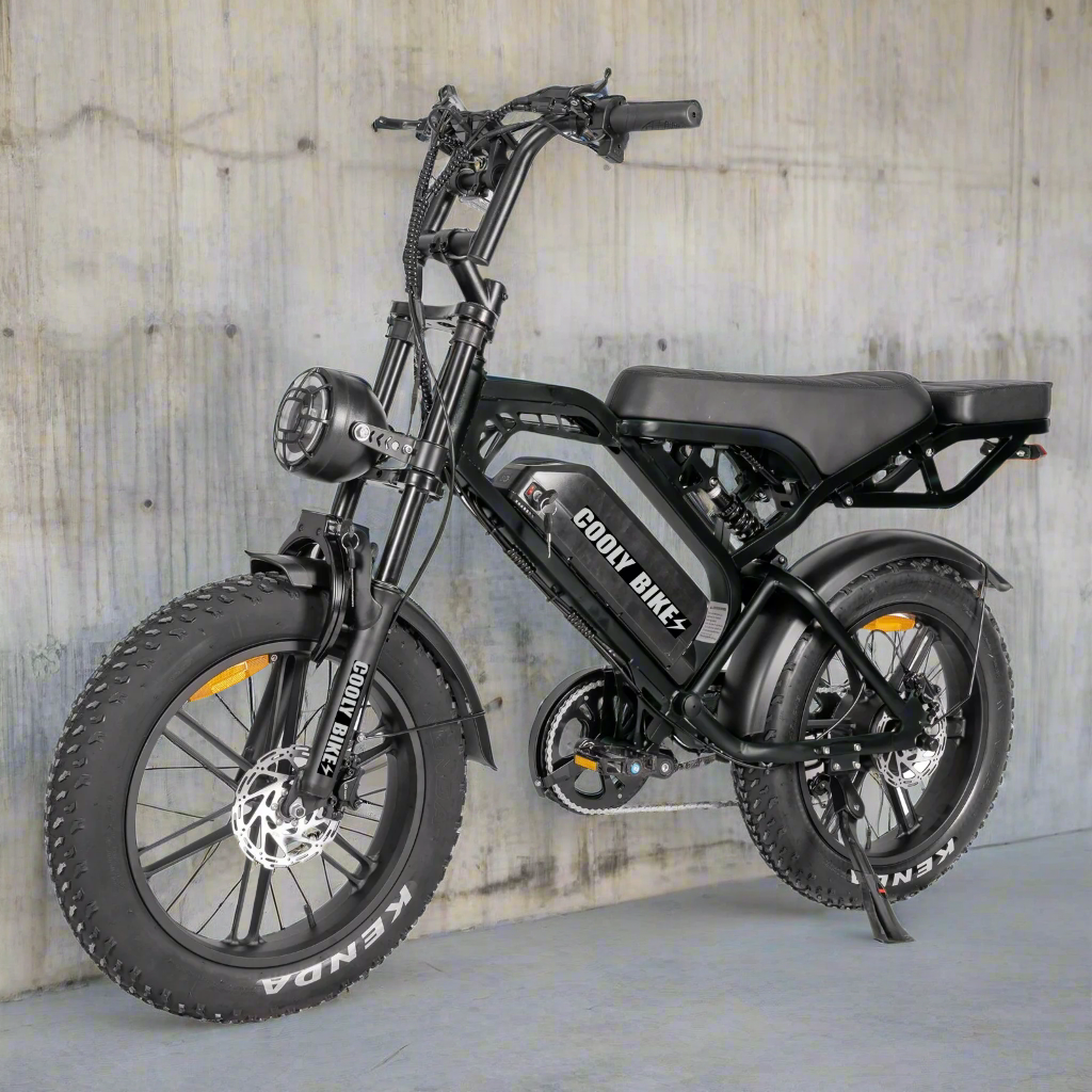 Black electric bike with visible branding on a white background