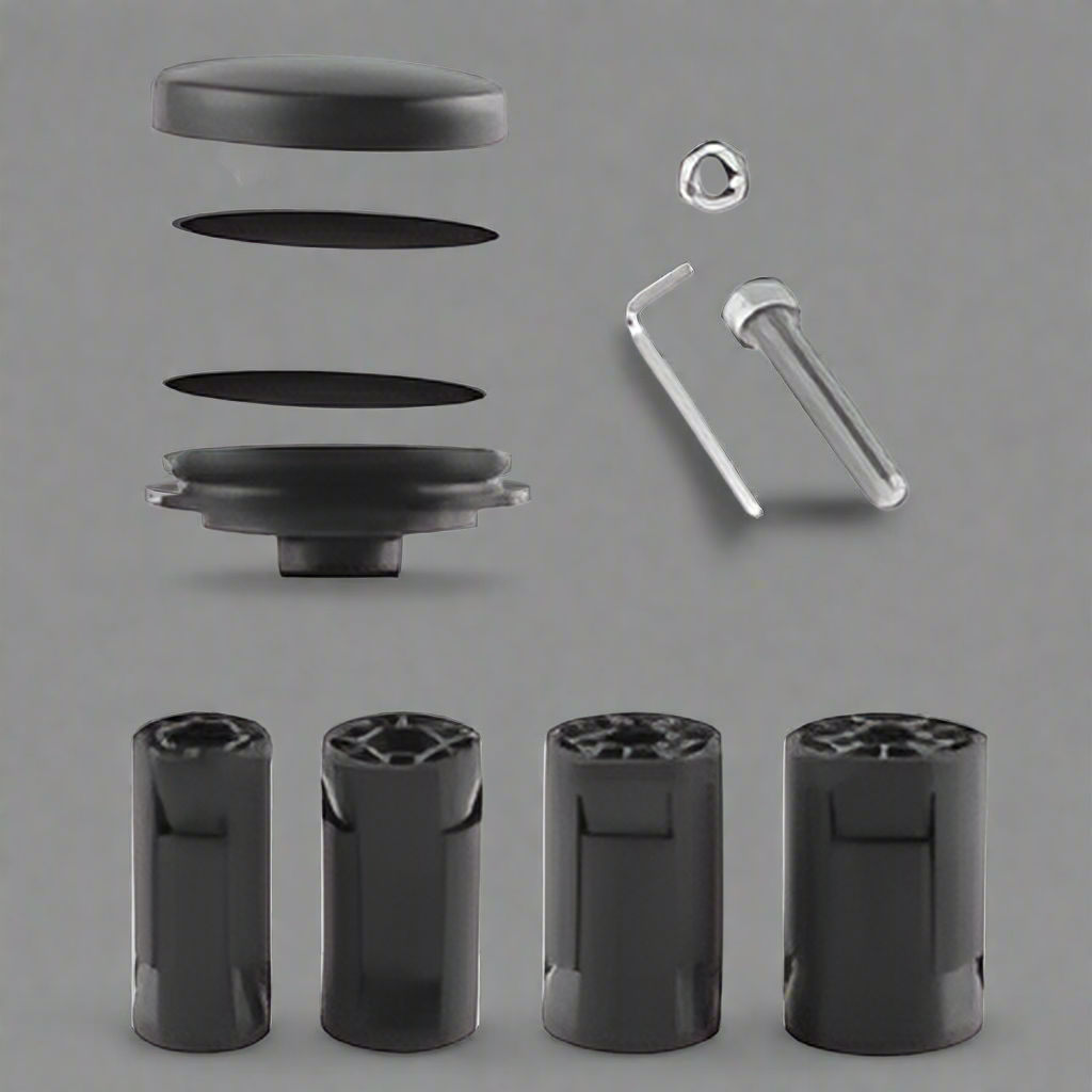 Set of black cylindrical components and a screw on a white background for GPS AirTag