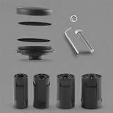 Set of black cylindrical components and a screw on a white background for GPS AirTag