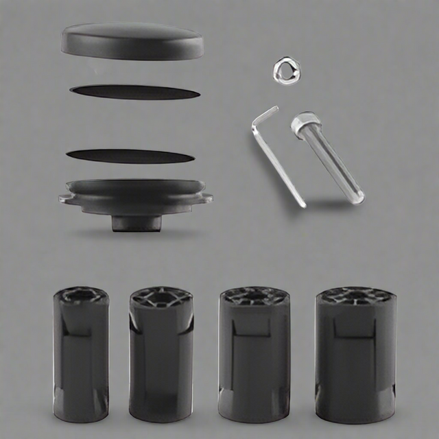 Set of black cylindrical components and a screw on a white background for GPS AirTag