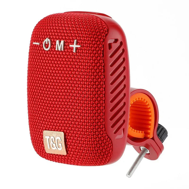 Red portable speaker with a clamp attachment on a white background