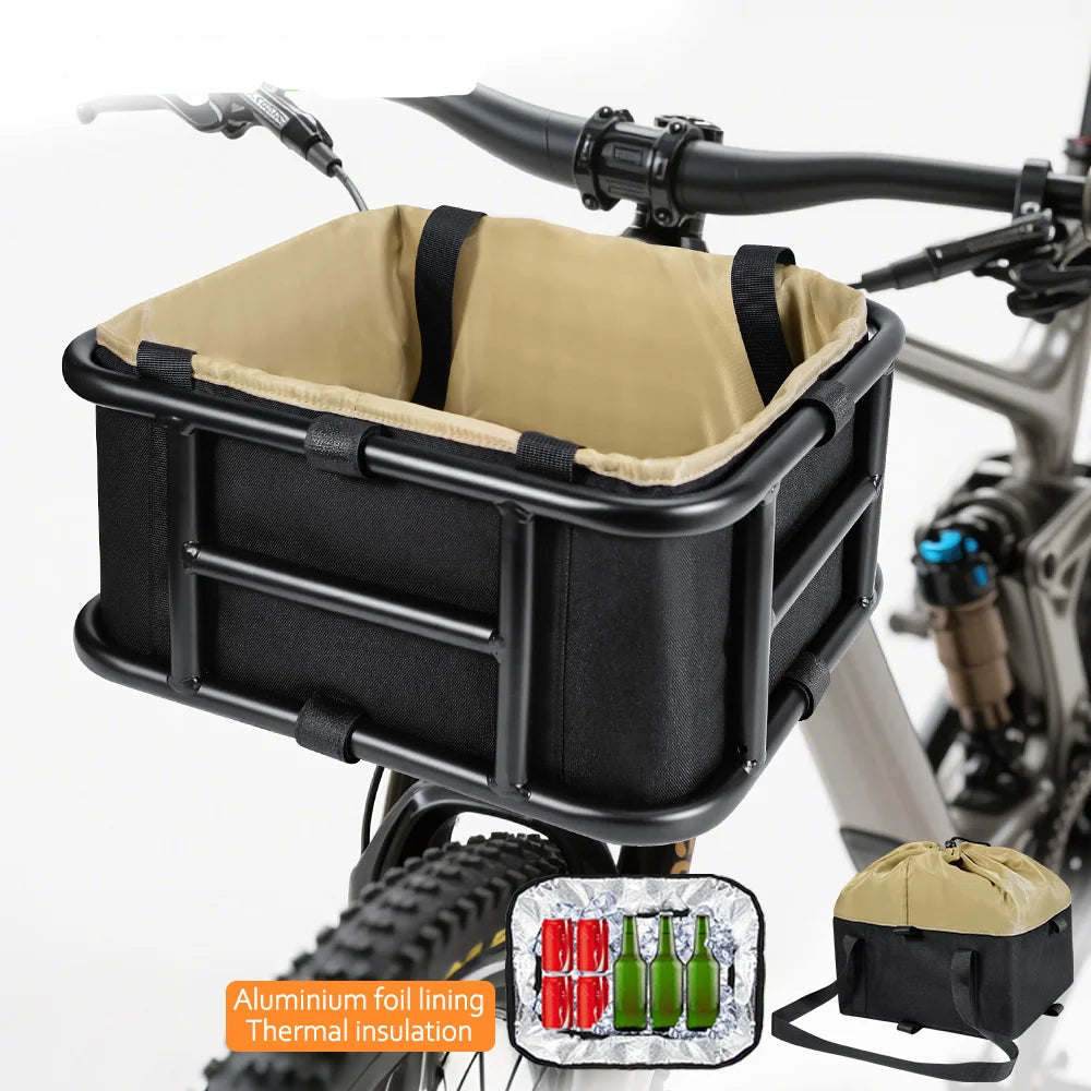 Bicycle basket , featuring an ice pack and cooler bag on a white background.