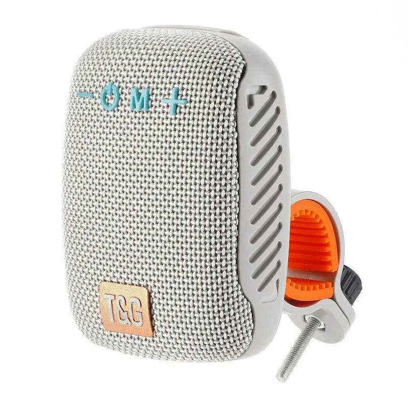 Portable speaker with mesh cover and visible brand logo on a white background
