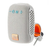 Portable speaker with mesh cover and visible brand logo on a white background