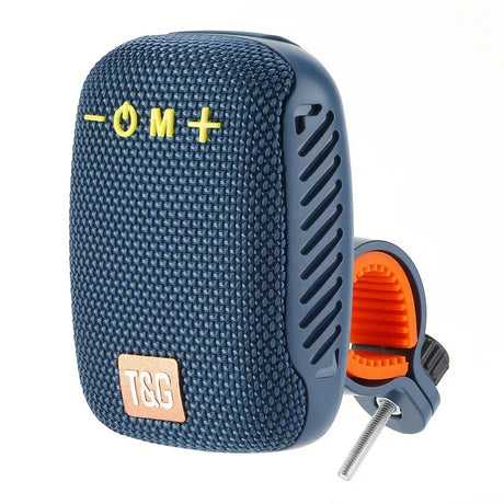 Blue portable speaker with a clip on a white background