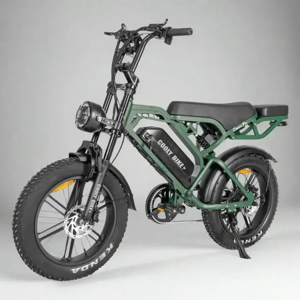 Green electric bike with black seat on a gray background