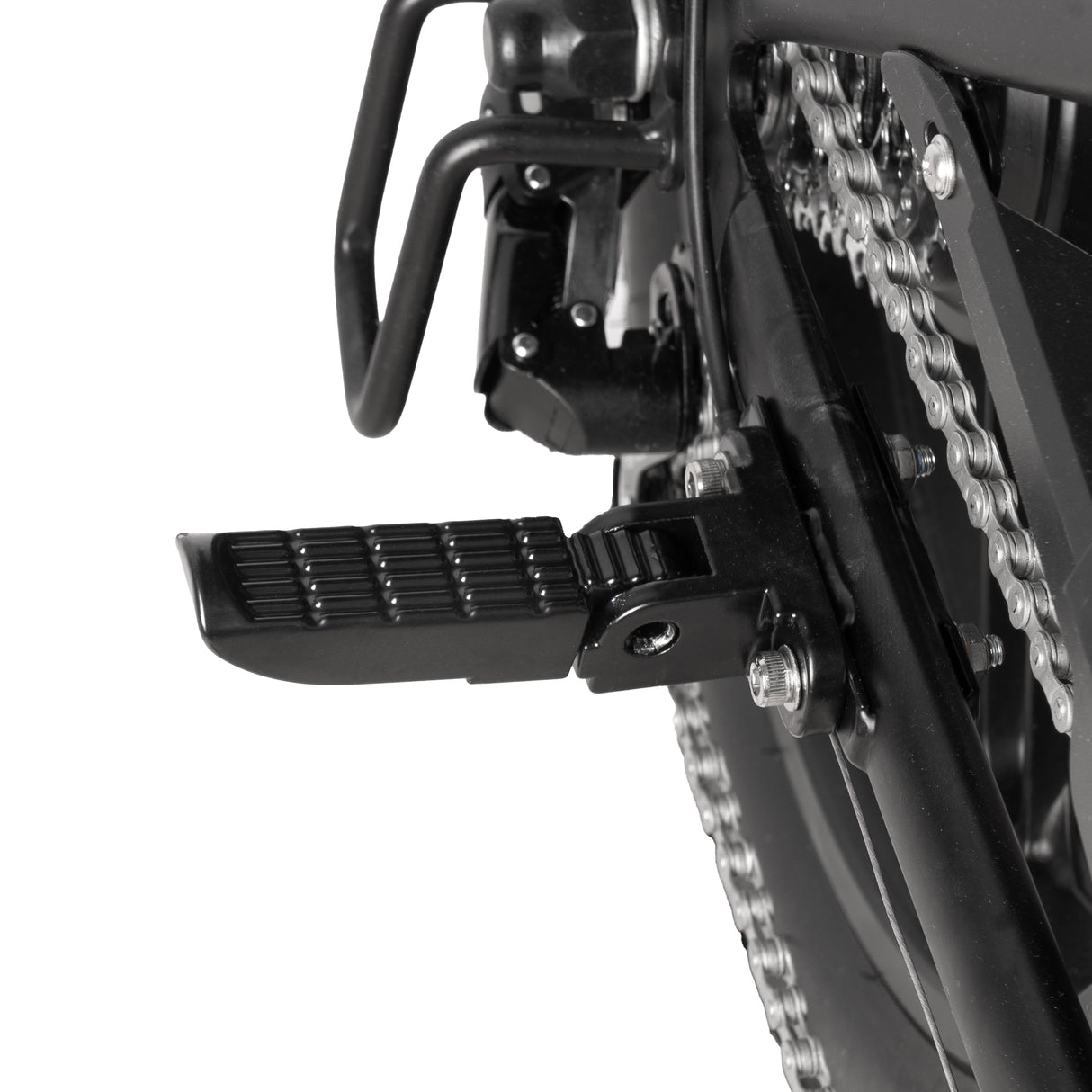 Close-up of a motorcycle chain and sprocket system on a white background