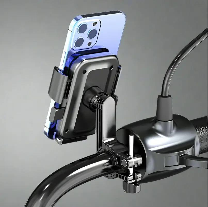 Motorcycle phone mount with smartphone holder on a road background, featuring the DEEPмото brand.
