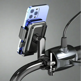 Motorcycle phone mount with smartphone holder on a road background, featuring the DEEPмото brand.