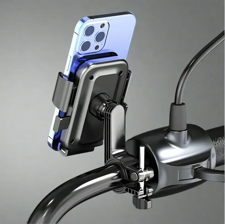 Motorcycle phone mount with smartphone holder on a road background, featuring the DEEPмото brand.